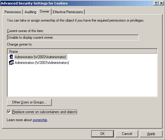 NTFS advanced security settings dialog